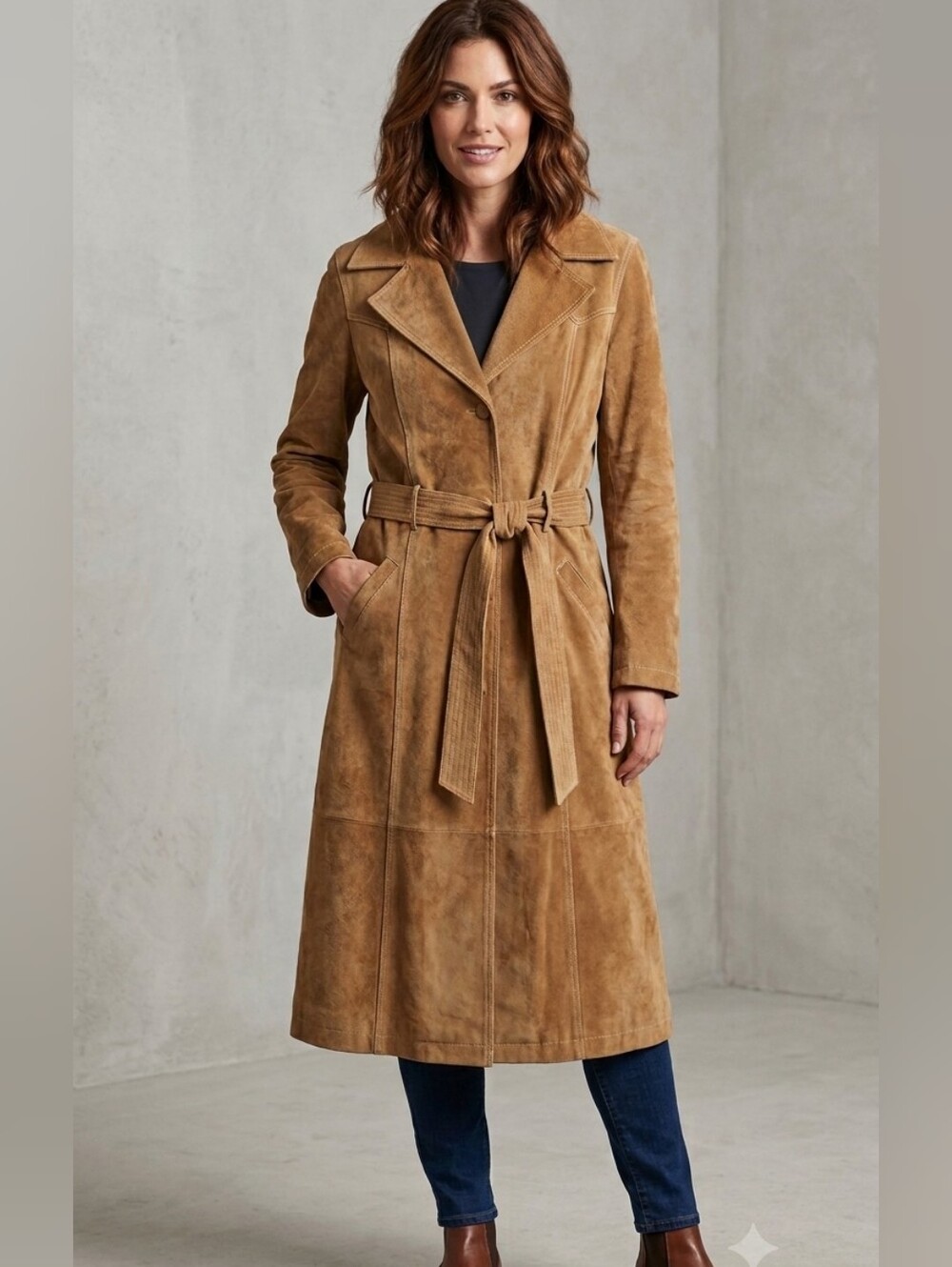 Wilsons Leather Tan Suede Belted Trench Coat Jacket Genuine Vintage Size Xl